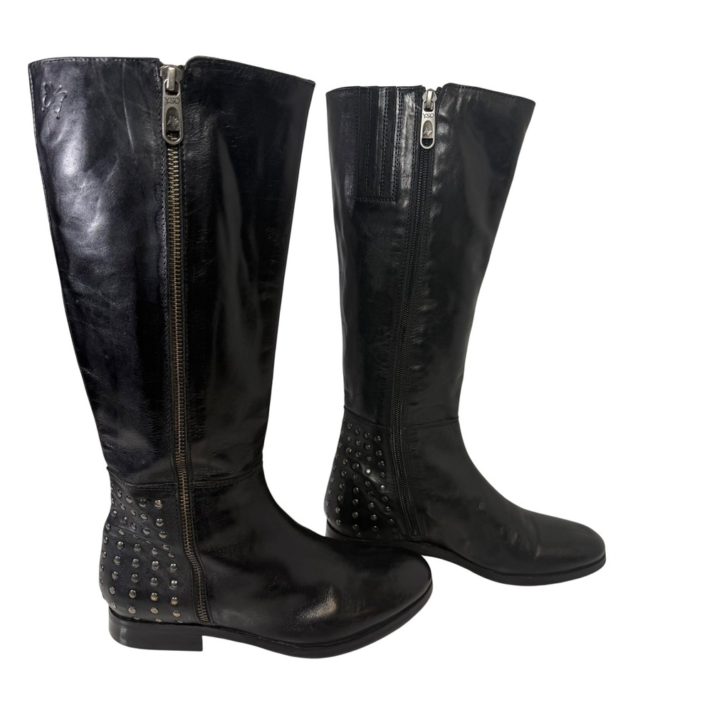 YSO Italy Women Black Leather Studded Tall Knee High Boots Size 35 Round Toe